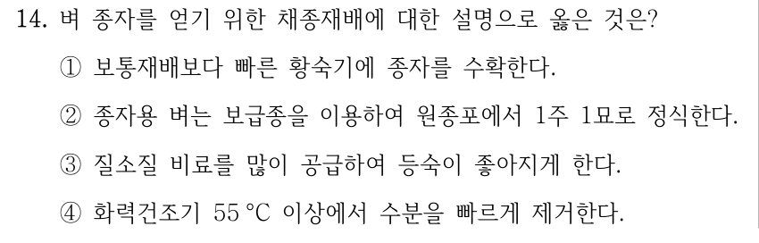 14. 벼 종자를 얻기 위한 채종재배에 대한 설명으로 옳은 것은? ①보통재배보다 빠른 황숙기에 종자를 수확한다. ②종자용 벼는 보급종을 이용하여 원종포에서 1주 1묘로 정식한다. ③질소질 비료를 많이 공급하여 등숙이 좋아지게 한다. ④화력건조기 55 °C 이상에서 수분을 빠르게 제거한다.