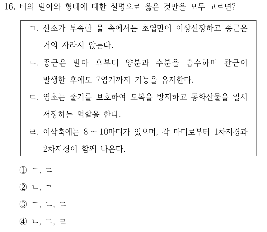16. 벼의 발아와 형태에 대한 설명으로 옳은 것만을 모두 고르면? ㄱ. 산소가 부족한 물 속에서는 초엽만이 이상신장하고 종근은 거의 자라지 않는다. ㄴ. 종근은 발아 후부터 양분과 수분을 흡수하며 관근이 발생한 후에도 7엽기까지 기능을 유지한다. ㄷ. 엽초는 줄기를 보호하여 도복을 방지하고 동화산물을 일시 저장하는 역할을 한다. ㄹ. 이삭축에는 8 ～10마디가 있으며, 각 마디로부터 1차지경과 2차지경이 함께 나온다. ①ㄱ, ㄷ ②ㄴ, ㄹ ③ㄱ, ㄴ, ㄷ ④ㄴ, ㄷ, ㄹ
