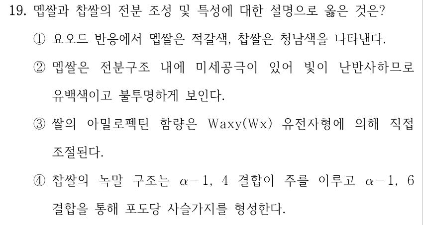 19. 멥쌀과 찹쌀의 전분 조성 및 특성에 대한 설명으로 옳은 것은? ①요오드 반응에서 멥쌀은 적갈색, 찹쌀은 청남색을 나타낸다. ②멥쌀은 전분구조 내에 미세공극이 있어 빛이 난반사하므로 유백색이고 불투명하게 보인다. ③쌀의 아밀로펙틴 함량은 Waxy(Wx) 유전자형에 의해 직접 조절된다. ④찹쌀의 녹말 구조는 α－1, 4 결합이 주를 이루고 α－1, 6 결합을 통해 포도당 사슬가지를 형성한다.