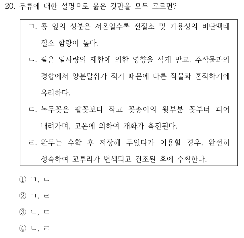 20. 두류에 대한 설명으로 옳은 것만을 모두 고르면? ㄱ. 콩 잎의 성분은 저온일수록 전질소 및 가용성의 비단백태 질소 함량이 높다. ㄴ. 팥은 일사량의 제한에 의한 영향을 적게 받고, 주작물과의 경합에서 양분탈취가 적기 때문에 다른 작물과 혼작하기에 유리하다. ㄷ. 녹두꽃은 팥꽃보다 작고 꽃송이의 윗부분 꽃부터 피어 내려가며, 고온에 의하여 개화가 촉진된다. ㄹ. 완두는 수확 후 저장해 두었다가 이용할 경우, 완전히 성숙하여 꼬투리가 변색되고 건조된 후에 수확한다. ①ㄱ, ㄷ ②ㄱ, ㄹ ③ㄴ, ㄷ ④ㄴ, ㄹ