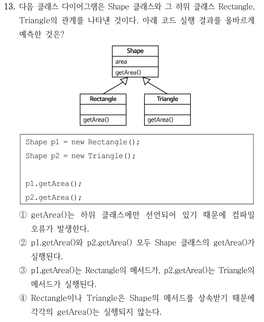 13. 다음 클래스 다이어그램은 Shape 클래스와 그 하위 클래스 Rectangle, Triangle의 관계를 나타낸 것이다. 아래 코드 실행 결과를 올바르게 예측한 것은? 그림에서 Shape 클래스의 속성은 area이고 메서드는 getArea()이다. Rectangle과 Triangle에는 각각 getArea()가 있으며, 두 클래스에서 Shape를 향해 빈 삼각형 화살표가 있는 상속 관계가 표시된다. Shape p1 = new Rectangle(); Shape p2 = new Triangle(); p1.getArea(); p2.getArea(); ①getArea()는 하위 클래스에만 선언되어 있기 때문에 컴파일 오류가 발생한다. ②p1.getArea()와 p2.getArea() 모두 Shape 클래스의 getArea()가 실행된다. ③p1.getArea()는 Rectangle의 메서드가, p2.getArea()는 Triangle의 메서드가 실행된다. ④Rectangle이나 Triangle은 Shape의 메서드를 상속받기 때문에 각각의 getArea()는 실행되지 않는다.