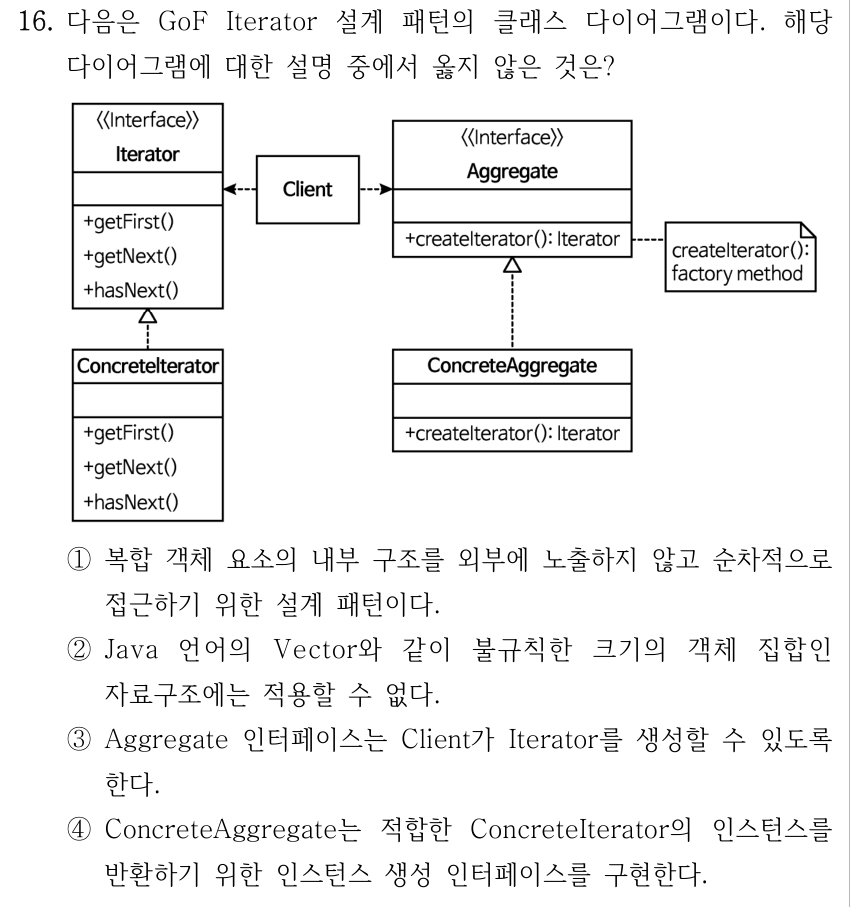 16. 다음은 GoF Iterator 설계 패턴의 클래스 다이어그램이다. 해당 다이어그램에 대한 설명 중에서 옳지 않은 것은? 그림에는 Iterator 인터페이스(+getFirst(), +getNext(), +hasNext())와 이를 실체화하는 ConcreteIterator(+getFirst(), +getNext(), +hasNext())가 있다. Aggregate 인터페이스에는 +createIterator(): Iterator가 있고 ConcreteAggregate에도 +createIterator(): Iterator가 있으며 ConcreteAggregate에서 Aggregate를 향하는 실체화 관계가 표시된다. Client에서 Iterator와 Aggregate를 향하는 점선 의존 화살표가 있다. Aggregate의 createIterator()에는 factory method라는 메모가 연결되어 있다. ①복합 객체 요소의 내부 구조를 외부에 노출하지 않고 순차적으로 접근하기 위한 설계 패턴이다. ②Java 언어의 Vector와 같이 불규칙한 크기의 객체 집합인 자료구조에는 적용할 수 없다. ③Aggregate 인터페이스는 Client가 Iterator를 생성할 수 있도록 한다. ④ConcreteAggregate는 적합한 ConcreteIterator의 인스턴스를 반환하기 위한 인스턴스 생성 인터페이스를 구현한다.