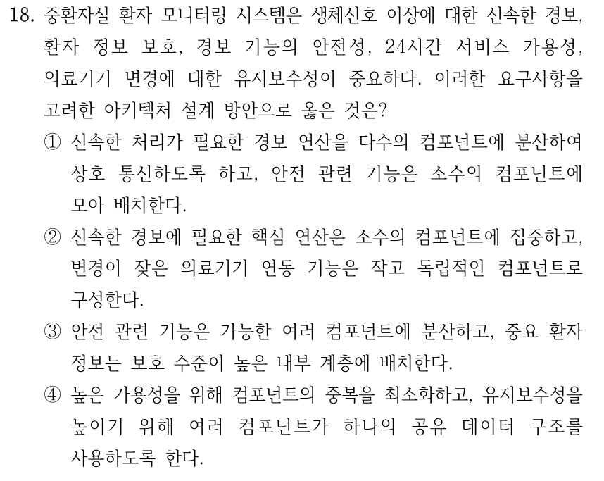 18. 중환자실 환자 모니터링 시스템은 생체신호 이상에 대한 신속한 경보, 환자 정보 보호, 경보 기능의 안전성, 24시간 서비스 가용성, 의료기기 변경에 대한 유지보수성이 중요하다. 이러한 요구사항을 고려한 아키텍처 설계 방안으로 옳은 것은? ①신속한 처리가 필요한 경보 연산을 다수의 컴포넌트에 분산하여 상호 통신하도록 하고, 안전 관련 기능은 소수의 컴포넌트에 모아 배치한다. ②신속한 경보에 필요한 핵심 연산은 소수의 컴포넌트에 집중하고, 변경이 잦은 의료기기 연동 기능은 작고 독립적인 컴포넌트로 구성한다. ③안전 관련 기능은 가능한 여러 컴포넌트에 분산하고, 중요 환자 정보는 보호 수준이 높은 내부 계층에 배치한다. ④높은 가용성을 위해 컴포넌트의 중복을 최소화하고, 유지보수성을 높이기 위해 여러 컴포넌트가 하나의 공유 데이터 구조를 사용하도록 한다.