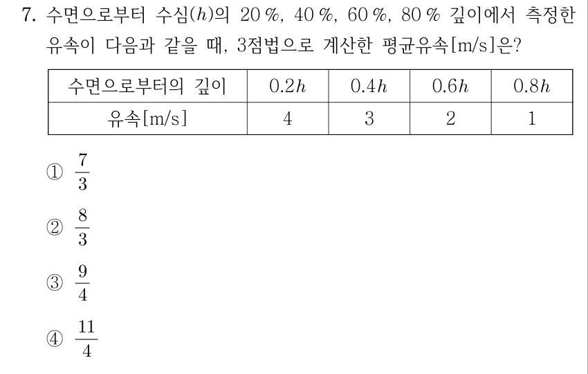 7. 수면으로부터 수심(h)의 20%, 40%, 60%, 80% 깊이에서 측정한 유속이 다음과 같을 때, 3점법으로 계산한 평균유속[m/s]은? 표의 열은 수면으로부터의 깊이 0.2h, 0.4h, 0.6h, 0.8h 순서이고, 대응하는 유속[m/s]은 4, 3, 2, 1이다. ① 7/3 ② 8/3 ③ 9/4 ④ 11/4