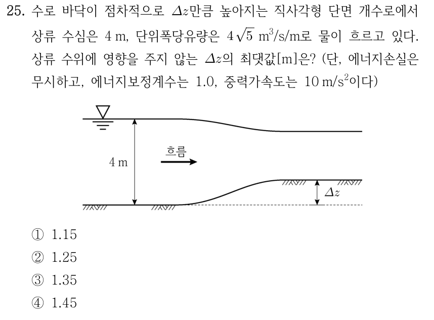 25. 수로 바닥이 점차적으로 Δz만큼 높아지는 직사각형 단면 개수로에서 상류 수심은 4 m, 단위폭당유량은 4√5 m³/s/m로 물이 흐르고 있다. 상류 수위에 영향을 주지 않는 Δz의 최댓값[m]은? (단, 에너지손실은 무시하고, 에너지보정계수는 1.0, 중력가속도는 10 m/s²이다.) 그림은 물이 왼쪽에서 오른쪽으로 흐르며 바닥이 점차 높아지는 수로의 세로 단면이다. 왼쪽 상류 수면에서 바닥까지 수직거리 4 m, 오른쪽 높아진 바닥과 기존 바닥 높이의 연장 점선 사이 수직거리 Δz가 표시되어 있다. ① 1.15 ② 1.25 ③ 1.35 ④ 1.45