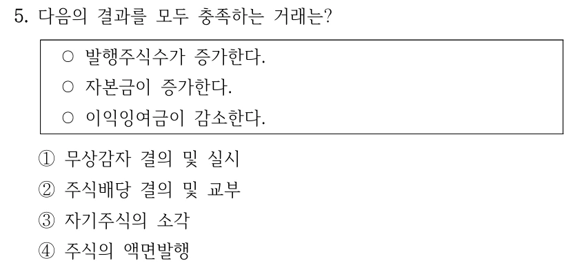 5. 다음의 결과를 모두 충족하는 거래는? ○발행주식수가 증가한다. ○자본금이 증가한다. ○이익잉여금이 감소한다. ①무상감자 결의 및 실시 ②주식배당 결의 및 교부 ③자기주식의 소각 ④주식의 액면발행