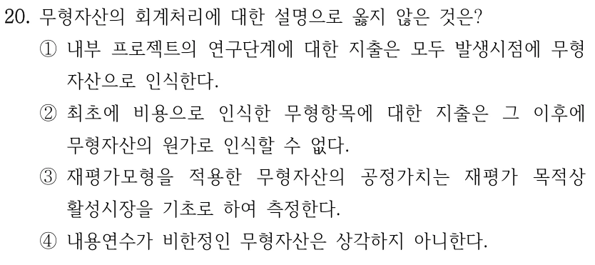 20. 무형자산의 회계처리에 대한 설명으로 옳지 않은 것은? ①내부 프로젝트의 연구단계에 대한 지출은 모두 발생시점에 무형 자산으로 인식한다. ②최초에 비용으로 인식한 무형항목에 대한 지출은 그 이후에 무형자산의 원가로 인식할 수 없다. ③재평가모형을 적용한 무형자산의 공정가치는 재평가 목적상 활성시장을 기초로 하여 측정한다. ④내용연수가 비한정인 무형자산은 상각하지 아니한다.