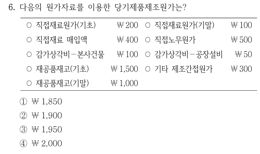 6. 다음의 원가자료를 이용한 당기제품제조원가는? ○직접재료원가(기초) ￦200 ○직접재료원가(기말) ￦100 ○직접재료 매입액 ￦400 ○직접노무원가 ￦500 ○감가상각비－본사건물 ￦100 ○감가상각비－공장설비 ￦50 ○재공품재고(기초) ￦1,500 ○기타 제조간접원가 ￦300 ○재공품재고(기말) ￦1,000 ①￦1,850 ②￦1,900 ③￦1,950 ④￦2,000