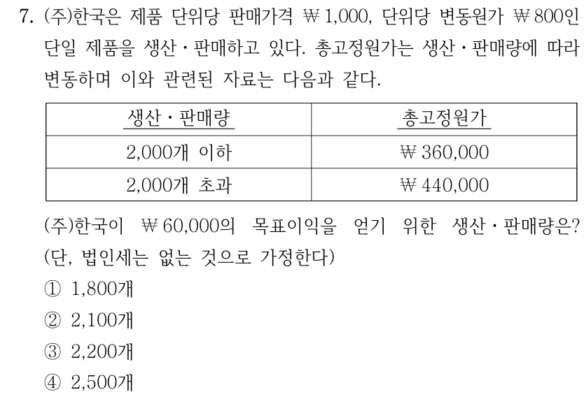 7. (주)한국은 제품 단위당 판매가격 ￦1,000, 단위당 변동원가 ￦800인 단일 제품을 생산ㆍ판매하고 있다. 총고정원가는 생산ㆍ판매량에 따라 변동하며 이와 관련된 자료는 다음과 같다. 생산ㆍ판매량 총고정원가 2,000개 이하 ￦360,000 2,000개 초과 ￦440,000 (주)한국이 ￦60,000의 목표이익을 얻기 위한 생산ㆍ판매량은? (단, 법인세는 없는 것으로 가정한다) ①1,800개 ②2,100개 ③2,200개 ④2,500개