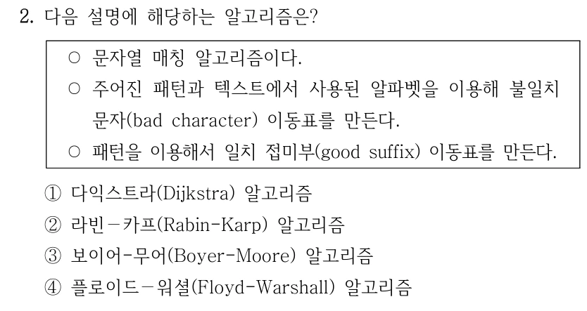 2. 다음 설명에 해당하는 알고리즘은? ○문자열 매칭 알고리즘이다. ○주어진 패턴과 텍스트에서 사용된 알파벳을 이용해 불일치 문자(bad character) 이동표를 만든다. ○패턴을 이용해서 일치 접미부(good suffix) 이동표를 만든다. ①다익스트라(Dijkstra) 알고리즘 ②라빈－카프(Rabin-Karp) 알고리즘 ③보이어-무어(Boyer-Moore) 알고리즘 ④플로이드－워셜(Floyd-Warshall) 알고리즘