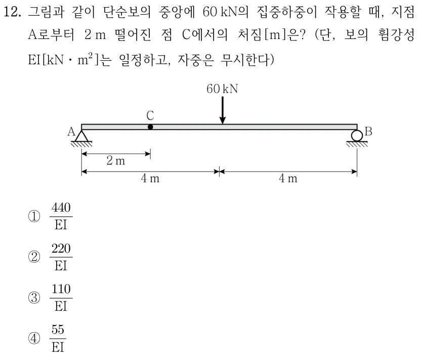 12. 그림과 같이 단순보의 중앙에 60 kN의 집중하중이 작용할 때, 지점 A로부터 2 m 떨어진 점 C에서의 처짐[m]은? (단, 보의 휨강성 EI[kN·m²]는 일정하고, 자중은 무시한다) A힌지와 B롤러 사이의 전체 경간은 8 m이고 중앙 아래방향 하중에서 양쪽 지점까지 각각 4 m이다. C는 A에서 오른쪽 2 m에 있다. ①440/EI ②220/EI ③110/EI ④55/EI.