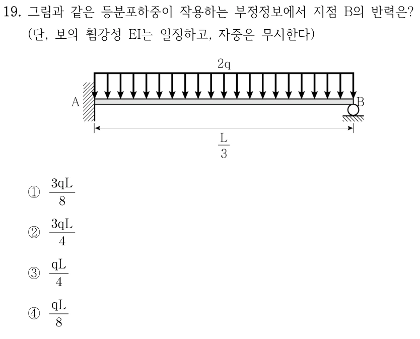 19. 그림과 같은 등분포하중이 작용하는 부정정보에서 지점 B의 반력은? (단, 보의 휨강성 EI는 일정하고, 자중은 무시한다) 왼쪽 A는 고정단, 오른쪽 B는 롤러이고 경간은 L/3이다. 전 구간에 아래방향 등분포하중 2q가 작용한다. ①3qL/8 ②3qL/4 ③qL/4 ④qL/8.