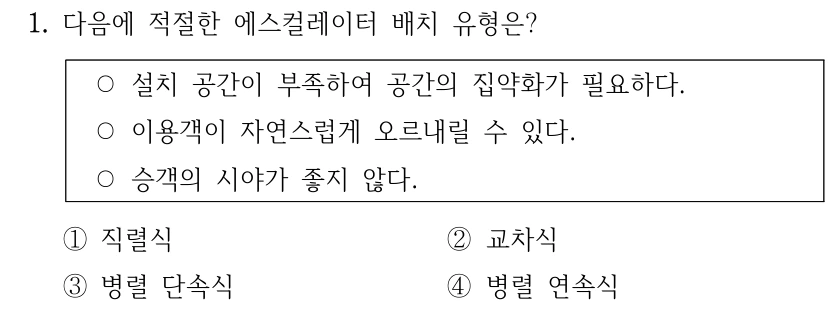 1. 다음에 적절한 에스컬레이터 배치 유형은? ○설치 공간이 부족하여 공간의 집약화가 필요하다. ○이용객이 자연스럽게 오르내릴 수 있다. ○승객의 시야가 좋지 않다. ①직렬식 ②교차식 ③병렬 단속식 ④병렬 연속식