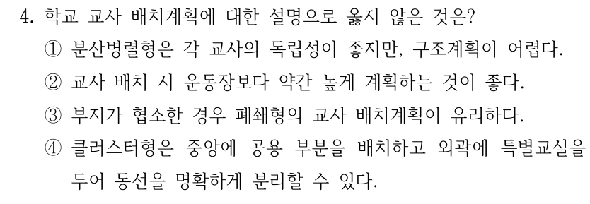 4. 학교 교사 배치계획에 대한 설명으로 옳지 않은 것은? ①분산병렬형은 각 교사의 독립성이 좋지만, 구조계획이 어렵다. ②교사 배치 시 운동장보다 약간 높게 계획하는 것이 좋다. ③부지가 협소한 경우 폐쇄형의 교사 배치계획이 유리하다. ④클러스터형은 중앙에 공용 부분을 배치하고 외곽에 특별교실을 두어 동선을 명확하게 분리할 수 있다.