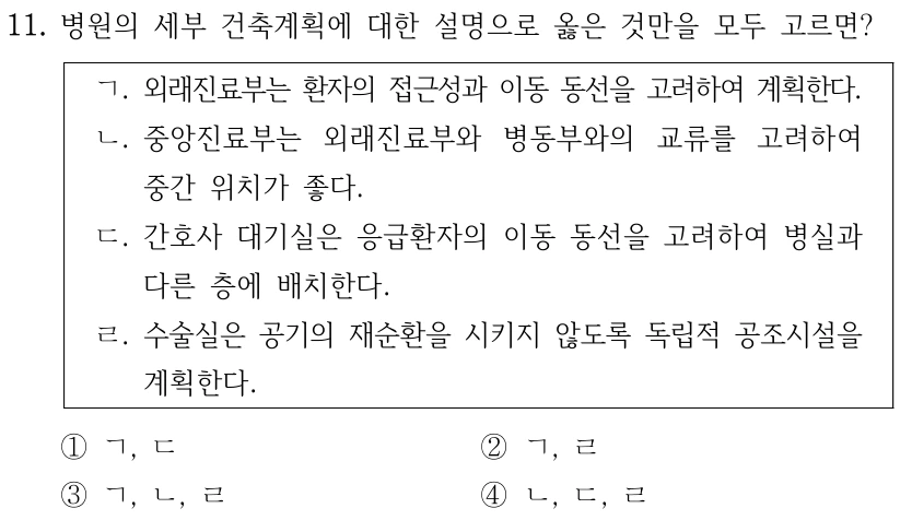 11. 병원의 세부 건축계획에 대한 설명으로 옳은 것만을 모두 고르면? ㄱ. 외래진료부는 환자의 접근성과 이동 동선을 고려하여 계획한다. ㄴ. 중앙진료부는 외래진료부와 병동부와의 교류를 고려하여 중간 위치가 좋다. ㄷ. 간호사 대기실은 응급환자의 이동 동선을 고려하여 병실과 다른 층에 배치한다. ㄹ. 수술실은 공기의 재순환을 시키지 않도록 독립적 공조시설을 계획한다. ①ㄱ, ㄷ ②ㄱ, ㄹ ③ㄱ, ㄴ, ㄹ ④ㄴ, ㄷ, ㄹ