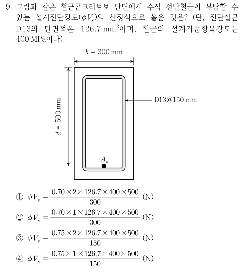 9. 그림과 같은 철근콘크리트보 단면에서 수직 전단철근이 부담할 수 있는 설계전단강도(φV_s)의 산정식으로 옳은 것은? (단, 전단철근 D13의 단면적은 126.7mm²이며, 철근의 설계기준항복강도는 400MPa이다) ①φV_s=(0.70×2×126.7×400×500)/300 (N) ②φV_s=(0.70×1×126.7×400×500)/300 (N) ③φV_s=(0.75×2×126.7×400×500)/150 (N) ④φV_s=(0.75×1×126.7×400×500)/150 (N) 그림: 보 단면의 폭 b=300mm, 유효깊이 d=500mm. 닫힌 전단철근은 D13@150mm, 하단의 점으로 표시한 주철근 면적은 A_s이다.