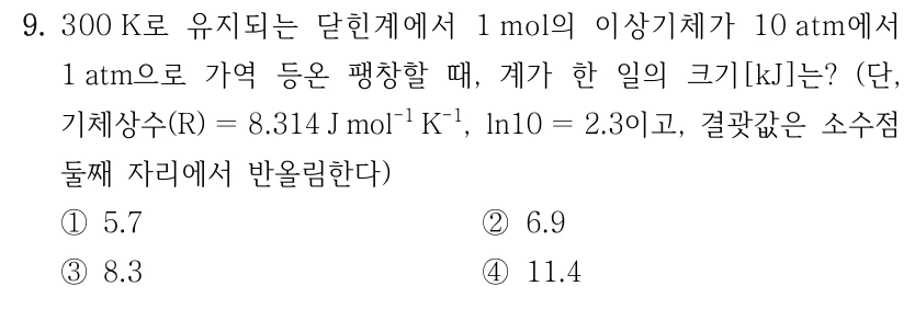 9. 300 K로 유지되는 닫힌계에서 1 mol의 이상기체가 10 atm에서 1 atm으로 가역 등온 팽창할 때, 계가 한 일의 크기[kJ]는? (단, 기체상수(R) ＝8.314 J mol-1 K-1, ln10 ＝2.3이고, 결괏값은 소수점 둘째 자리에서 반올림한다) ①5.7 ②6.9 ③8.3 ④11.4