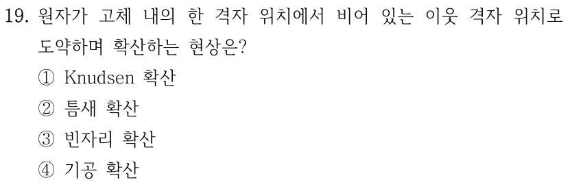 19. 원자가 고체 내의 한 격자 위치에서 비어 있는 이웃 격자 위치로 도약하며 확산하는 현상은? ①Knudsen 확산 ②틈새 확산 ③빈자리 확산 ④기공 확산