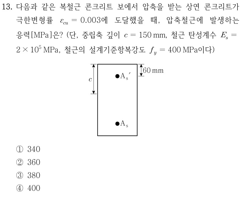 13. 다음과 같은 복철근 콘크리트 보에서 압축을 받는 상연 콘크리트가 극한변형률 ε_cu=0.003에 도달했을 때, 압축철근에 발생하는 응력[MPa]은? (단, 중립축 깊이 c=150 mm, 철근 탄성계수 E_s=2×10⁵ MPa, 철근의 설계기준항복강도 f_y=400 MPa이다) 그림은 직사각형 보 단면이며 상부 압축철근 A′_s는 상연에서 60 mm 아래, 인장철근 A_s는 단면 아래쪽에 있다. 중립축까지의 깊이 c는 상연에서 잰다. ①340 ②360 ③380 ④400.