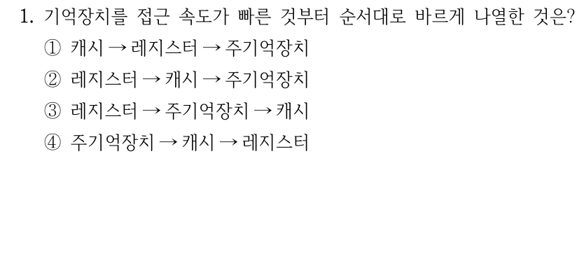 1. 기억장치를 접근 속도가 빠른 것부터 순서대로 바르게 나열한 것은? ①캐시→레지스터→주기억장치 ②레지스터→캐시→주기억장치 ③레지스터→주기억장치→캐시 ④주기억장치→캐시→레지스터