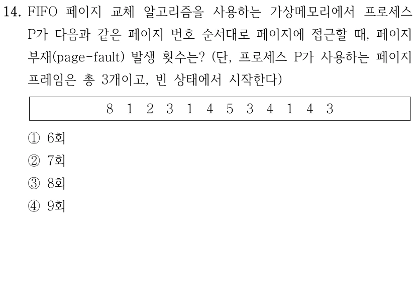 14. FIFO 페이지 교체 알고리즘을 사용하는 가상메모리에서 프로세스 P가 다음과 같은 페이지 번호 순서대로 페이지에 접근할 때, 페이지 부재(page-fault) 발생 횟수는? (단, 프로세스 P가 사용하는 페이지 프레임은 총 3개이고, 빈 상태에서 시작한다) 8 1 2 3 1 4 5 3 4 1 4 3 ①6회 ②7회 ③8회 ④9회