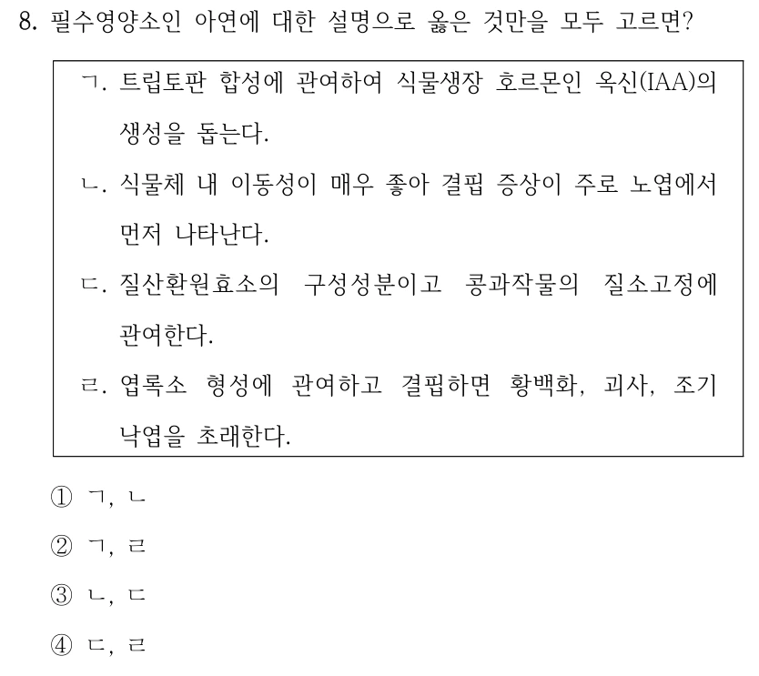 8. 필수영양소인 아연에 대한 설명으로 옳은 것만을 모두 고르면? ㄱ. 트립토판 합성에 관여하여 식물생장 호르몬인 옥신(IAA)의 생성을 돕는다. ㄴ. 식물체 내 이동성이 매우 좋아 결핍 증상이 주로 노엽에서 먼저 나타난다. ㄷ. 질산환원효소의 구성성분이고 콩과작물의 질소고정에 관여한다. ㄹ. 엽록소 형성에 관여하고 결핍하면 황백화, 괴사, 조기 낙엽을 초래한다. ①ㄱ, ㄴ ②ㄱ, ㄹ ③ㄴ, ㄷ ④ㄷ, ㄹ