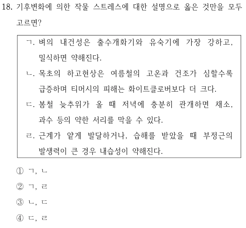 18. 기후변화에 의한 작물 스트레스에 대한 설명으로 옳은 것만을 모두 고르면? ㄱ. 벼의 내건성은 출수개화기와 유숙기에 가장 강하고, 밀식하면 약해진다. ㄴ. 목초의 하고현상은 여름철의 고온과 건조가 심할수록 급증하며 티머시의 피해는 화이트클로버보다 더 크다. ㄷ. 봄철 늦추위가 올 때 저녁에 충분히 관개하면 채소, 과수 등의 약한 서리를 막을 수 있다. ㄹ. 근계가 얕게 발달하거나, 습해를 받았을 때 부정근의 발생력이 큰 경우 내습성이 약해진다. ①ㄱ, ㄴ ②ㄱ, ㄹ ③ㄴ, ㄷ ④ㄷ, ㄹ