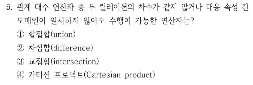 5. 관계 대수 연산자 중 두 릴레이션의 차수가 같지 않거나 대응 속성 간 도메인이 일치하지 않아도 수행이 가능한 연산자는? ①합집합(union) ②차집합(difference) ③교집합(intersection) ④카티션 프로덕트(Cartesian product)