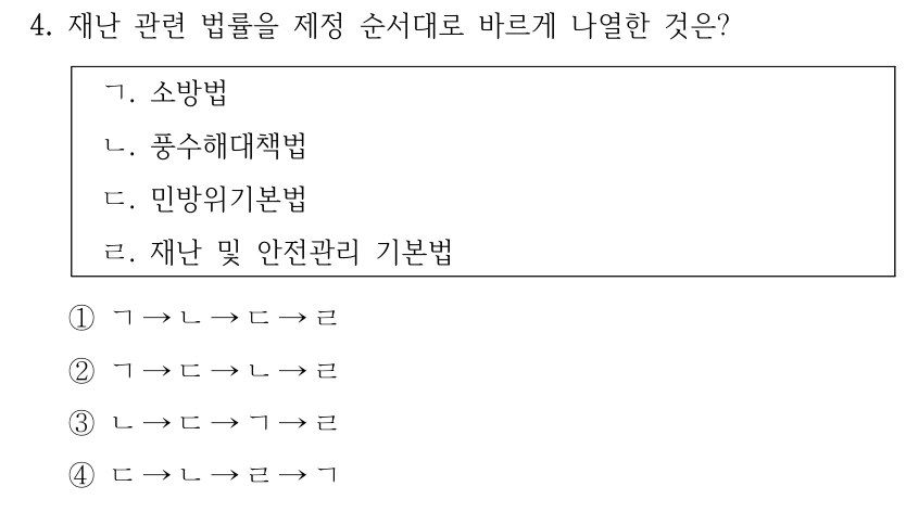 4. 재난 관련 법률을 제정 순서대로 바르게 나열한 것은? ㄱ. 소방법 ㄴ. 풍수해대책법 ㄷ. 민방위기본법 ㄹ. 재난 및 안전관리 기본법 ①ㄱ→ㄴ→ㄷ→ㄹ ②ㄱ→ㄷ→ㄴ→ㄹ ③ㄴ→ㄷ→ㄱ→ㄹ ④ㄷ→ㄴ→ㄹ→ㄱ