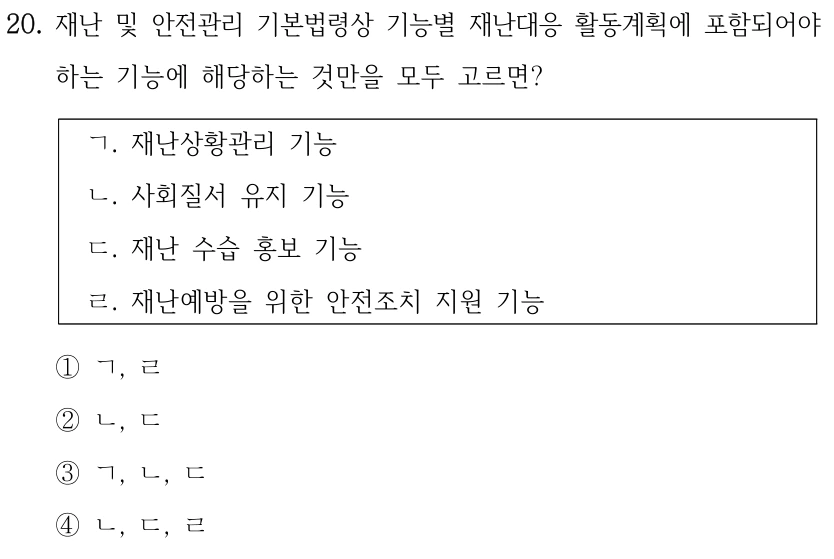 20. 재난 및 안전관리 기본법령상 기능별 재난대응 활동계획에 포함되어야 하는 기능에 해당하는 것만을 모두 고르면? ㄱ. 재난상황관리 기능 ㄴ. 사회질서 유지 기능 ㄷ. 재난 수습 홍보 기능 ㄹ. 재난예방을 위한 안전조치 지원 기능 ①ㄱ, ㄹ ②ㄴ, ㄷ ③ㄱ, ㄴ, ㄷ ④ㄴ, ㄷ, ㄹ
