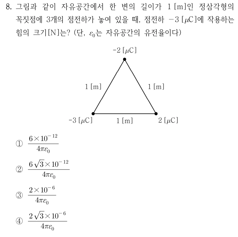 8. 자유공간에서 한 변이 1 m인 정삼각형의 꼭짓점에 점전하 3개가 놓여 있을 때 -3 μC 점전하에 작용하는 힘의 크기 [N]는? ε₀는 자유공간의 유전율이다. 그림에서 위 꼭짓점은 -2 μC, 왼쪽 아래는 -3 μC, 오른쪽 아래는 +2 μC이며 모든 변은 1 m이다. ① (6×10⁻¹²)/(4πε₀) ② (6√3×10⁻¹²)/(4πε₀) ③ (2×10⁻⁶)/(4πε₀) ④ (2√3×10⁻⁶)/(4πε₀)