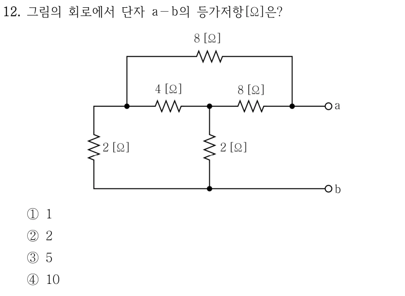 12. 그림의 회로에서 단자 a-b의 등가저항 [Ω]은? 왼쪽 노드와 중앙 노드 사이는 4 Ω, 중앙 노드와 오른쪽 단자 a 사이는 8 Ω이다. 왼쪽 노드와 a 사이에는 위쪽 8 Ω 저항이 있다. 왼쪽 노드와 하단 b 사이, 중앙 노드와 b 사이에는 각각 2 Ω 저항이 연결된다. ① 1 ② 2 ③ 5 ④ 10
