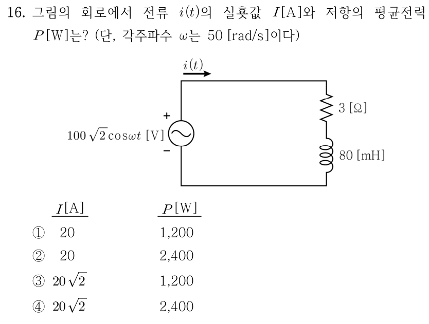 16. 그림의 회로에서 전류 i(t)의 실횻값 I [A]와 저항의 평균전력 P [W]는? 각주파수 ω는 50 rad/s이다. 전압원 100√2 cos(ωt) V와 3 Ω 저항 및 80 mH 인덕터가 직렬 연결된다. 전압원의 위쪽이 +, 아래쪽이 -이고 i(t)는 위쪽 가지에서 오른쪽을 향한다. 선지의 열 순서는 I, P이다. ① 20, 1200 ② 20, 2400 ③ 20√2, 1200 ④ 20√2, 2400