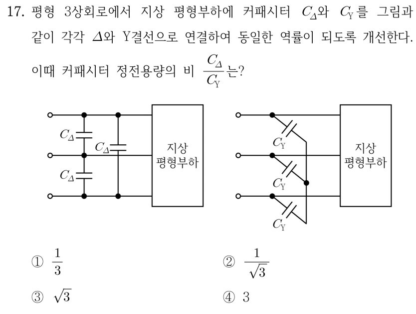 17. 평형 3상회로에서 지상 평형부하에 커패시터 C_Δ와 C_Y를 각각 Δ와 Y결선으로 연결하여 동일한 역률이 되도록 개선한다. 커패시터 정전용량의 비 C_Δ/C_Y는? 왼쪽 그림은 각 선 사이에 C_Δ가 연결된 델타 구성이고, 오른쪽 그림은 각 선에서 공통 중심점으로 C_Y가 연결된 Y 구성이다. ① 1/3 ② 1/√3 ③ √3 ④ 3