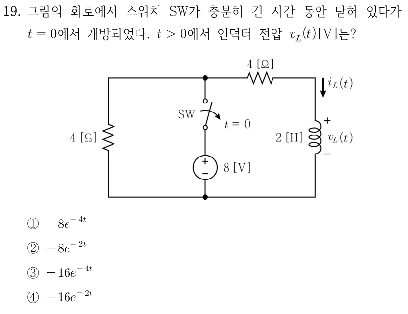 19. 그림의 회로에서 SW가 충분히 긴 시간 닫혀 있다가 t=0에서 개방되었다. t>0에서 인덕터 전압 v_L(t) [V]는? 왼쪽 가지는 4 Ω 저항, 중앙 가지는 SW와 8 V 전압원(위 +, 아래 -)이 직렬 연결된다. 오른쪽 가지는 위쪽 4 Ω 저항과 2 H 인덕터가 직렬 연결된다. 세 가지는 위·아래 노드를 공유하며 i_L은 인덕터에서 아래 방향, v_L은 위 +와 아래 -이다. ① -8e^(-4t) ② -8e^(-2t) ③ -16e^(-4t) ④ -16e^(-2t)