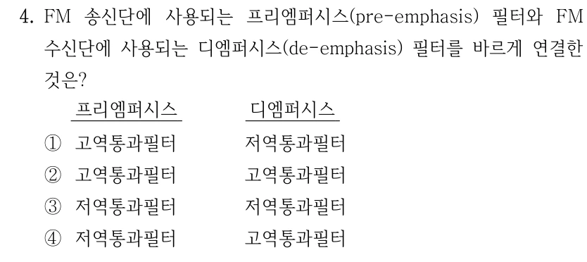 4. FM 송신단의 프리엠퍼시스와 FM 수신단의 디엠퍼시스 필터를 바르게 연결한 것은? 선지의 열 순서는 프리엠퍼시스, 디엠퍼시스이다. ① 고역통과필터, 저역통과필터 ② 고역통과필터, 고역통과필터 ③ 저역통과필터, 저역통과필터 ④ 저역통과필터, 고역통과필터