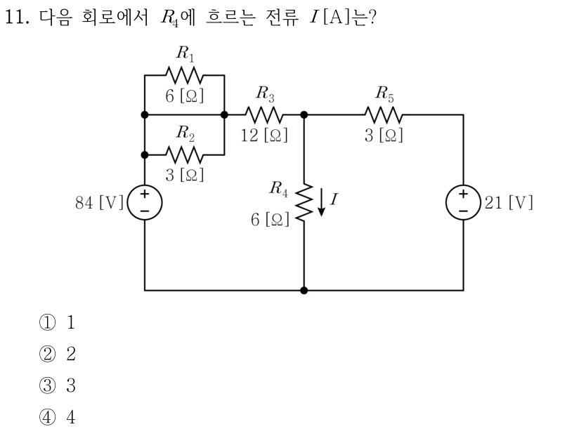 11. 회로의 R₄에 흐르는 전류 I [A]는? 왼쪽 84 V 전압원은 위 +, 아래 -이고 R₁=6 Ω과 R₂=3 Ω의 병렬 조합을 거쳐 R₃=12 Ω으로 중앙 상단 노드에 연결된다. 중앙 노드와 아래 공통선 사이는 R₄=6 Ω이며 I는 아래 방향이다. 중앙 노드에서 R₅=3 Ω을 거쳐 오른쪽 21 V 전압원(위 +, 아래 -)으로 연결된다. 두 전압원의 하단은 공통선이다. ① 1 ② 2 ③ 3 ④ 4