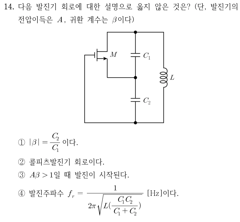 14. 그림의 발진기 회로에 대한 설명으로 옳지 않은 것은? 전압이득은 A, 귀환계수는 β이다. C₁과 C₂가 상단과 하단 노드 사이에 직렬 연결되고, L은 같은 두 노드 사이의 오른쪽 가지에 연결된다. 왼쪽 MOSFET M의 위쪽 단자는 상단 노드, 아래쪽 단자는 C₁-C₂ 접점에 연결되며 게이트는 하단 노드에 연결된다. ① |β|=C₂/C₁이다. ② 콜피츠발진기 회로이다. ③ Aβ>1일 때 발진이 시작된다. ④ 발진주파수 f_r=1/{2π√[L(C₁C₂/(C₁+C₂))]} [Hz]이다.