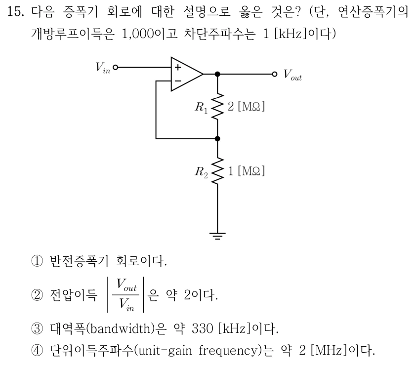 15. 그림의 증폭기 회로에 대한 설명으로 옳은 것은? 연산증폭기의 개방루프이득은 1000, 차단주파수는 1 kHz이다. V_in은 연산증폭기의 +입력에 들어간다. 출력 V_out에서 R₁=2 MΩ과 R₂=1 MΩ이 직렬로 접지에 이어지고 두 저항의 접점이 -입력에 연결된다. ① 반전증폭기이다. ② |V_out/V_in|은 약 2이다. ③ 대역폭은 약 330 kHz이다. ④ 단위이득주파수는 약 2 MHz이다.