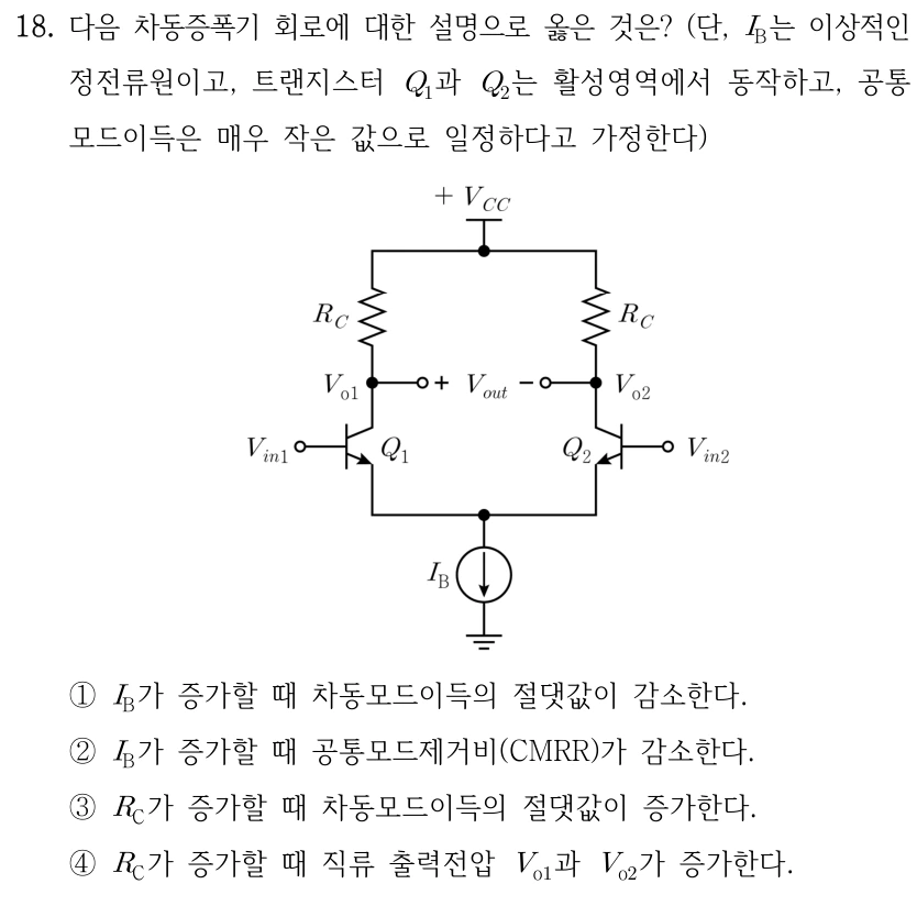 18. 차동증폭기 회로에 대한 설명으로 옳은 것은? I_B는 이상적 정전류원, Q₁·Q₂는 활성영역이고 공통모드이득은 매우 작은 일정한 값이다. +V_CC에서 각각 R_C를 거쳐 Q₁과 Q₂의 컬렉터로 연결된다. 각 베이스는 V_in1·V_in2이고 두 이미터는 공통 아래 방향 전류원 I_B를 통해 접지로 이어진다. 컬렉터 출력 V_o1·V_o2 사이의 차동출력 V_out은 왼쪽 +, 오른쪽 -이다. ① I_B가 증가하면 차동모드이득 절댓값이 감소한다. ② I_B가 증가하면 CMRR이 감소한다. ③ R_C가 증가하면 차동모드이득 절댓값이 증가한다. ④ R_C가 증가하면 직류 출력전압 V_o1과 V_o2가 증가한다.