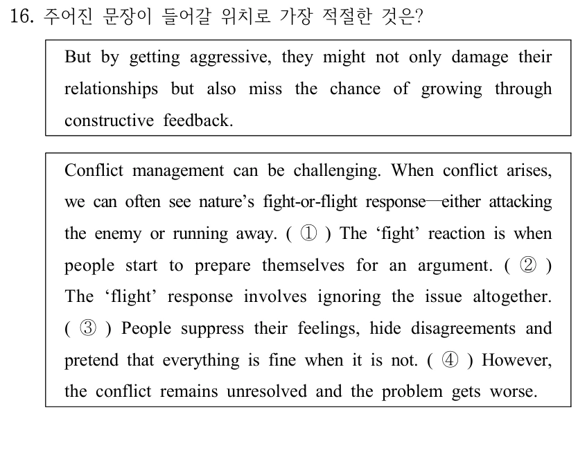 16. 주어진 문장이 들어갈 위치로 가장 적절한 것은? But by getting aggressive, they might not only damage their relationships but also miss the chance of growing through constructive feedback. Conflict management can be challenging. When conflict arises, we can often see nature’s fight-or-flight response―either attacking the enemy or running away. ( ①) The ‘fight’ reaction is when people start to prepare themselves for an argument. ( ②) The ‘flight’ response involves ignoring the issue altogether. ( ③) People suppress their feelings, hide disagreements and pretend that everything is fine when it is not. ( ④) However, the conflict remains unresolved and the problem gets worse.