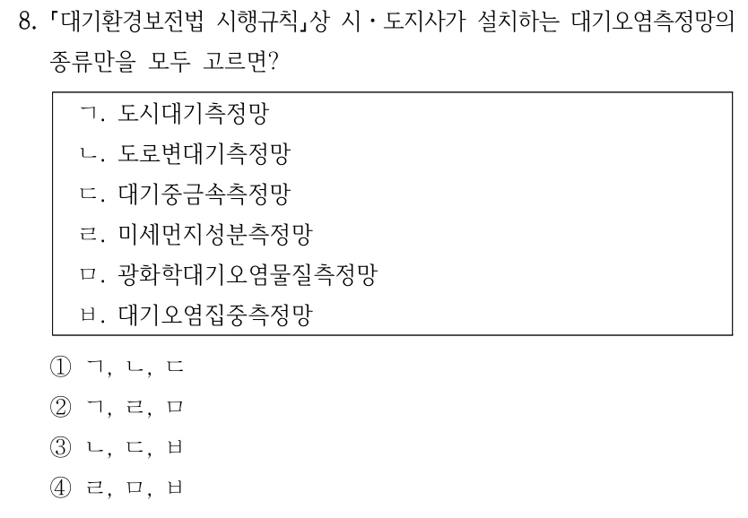 8. 대기환경보전법 시행규칙상 시ㆍ도지사가 설치하는 대기오염측정망의 종류만을 모두 고르면? ㄱ. 도시대기측정망 ㄴ. 도로변대기측정망 ㄷ. 대기중금속측정망 ㄹ. 미세먼지성분측정망 ㅁ. 광화학대기오염물질측정망 ㅂ. 대기오염집중측정망 ①ㄱ, ㄴ, ㄷ ②ㄱ, ㄹ, ㅁ ③ㄴ, ㄷ, ㅂ ④ㄹ, ㅁ, ㅂ