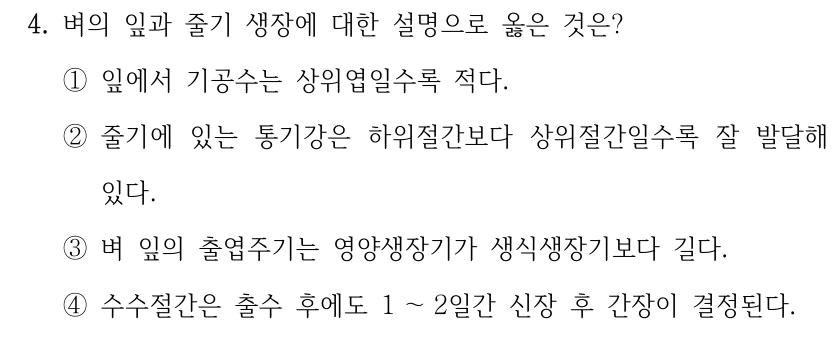 4. 벼의 잎과 줄기 생장에 대한 설명으로 옳은 것은? ①잎에서 기공수는 상위엽일수록 적다. ②줄기에 있는 통기강은 하위절간보다 상위절간일수록 잘 발달해 있다. ③벼 잎의 출엽주기는 영양생장기가 생식생장기보다 길다. ④수수절간은 출수 후에도 1 ～2일간 신장 후 간장이 결정된다.