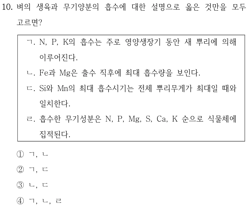 10. 벼의 생육과 무기양분의 흡수에 대한 설명으로 옳은 것만을 모두 고르면? ㄱ. N, P, K의 흡수는 주로 영양생장기 동안 새 뿌리에 의해 이루어진다. ㄴ. Fe과 Mg은 출수 직후에 최대 흡수량을 보인다. ㄷ. Si와 Mn의 최대 흡수시기는 전체 뿌리무게가 최대일 때와 일치한다. ㄹ. 흡수한 무기성분은 N, P, Mg, S, Ca, K 순으로 식물체에 집적된다. ①ㄱ, ㄴ ②ㄱ, ㄷ ③ㄴ, ㄷ ④ㄱ, ㄴ, ㄹ