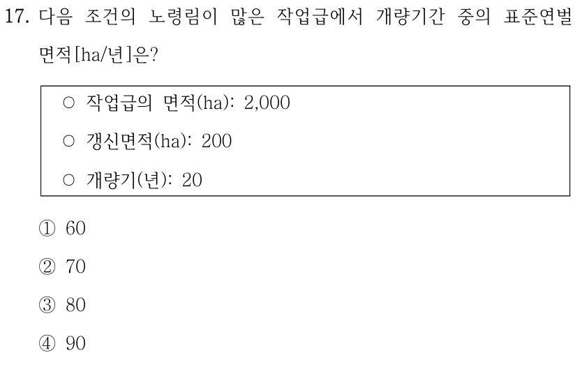 17. 다음 조건의 노령림이 많은 작업급에서 개량기간 중의 표준연벌 면적[ha/년]은? ○작업급의 면적(ha): 2,000 ○갱신면적(ha): 200 ○개량기(년): 20 ①60 ②70 ③80 ④90