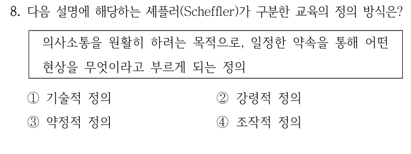 8. 다음 설명에 해당하는 셰플러(Scheffler)가 구분한 교육의 정의 방식은? 의사소통을 원활히 하려는 목적으로, 일정한 약속을 통해 어떤 현상을 무엇이라고 부르게 되는 정의 ①기술적 정의 ②강령적 정의 ③약정적 정의 ④조작적 정의