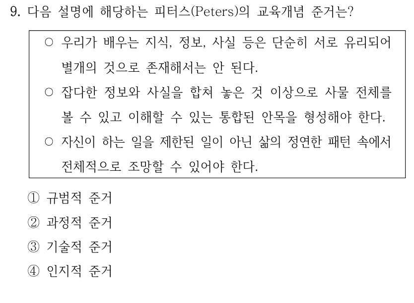 9. 다음 설명에 해당하는 피터스(Peters)의 교육개념 준거는? ○우리가 배우는 지식, 정보, 사실 등은 단순히 서로 유리되어 별개의 것으로 존재해서는 안 된다. ○잡다한 정보와 사실을 합쳐 놓은 것 이상으로 사물 전체를 볼 수 있고 이해할 수 있는 통합된 안목을 형성해야 한다. ○자신이 하는 일을 제한된 일이 아닌 삶의 정연한 패턴 속에서 전체적으로 조망할 수 있어야 한다. ①규범적 준거 ②과정적 준거 ③기술적 준거 ④인지적 준거
