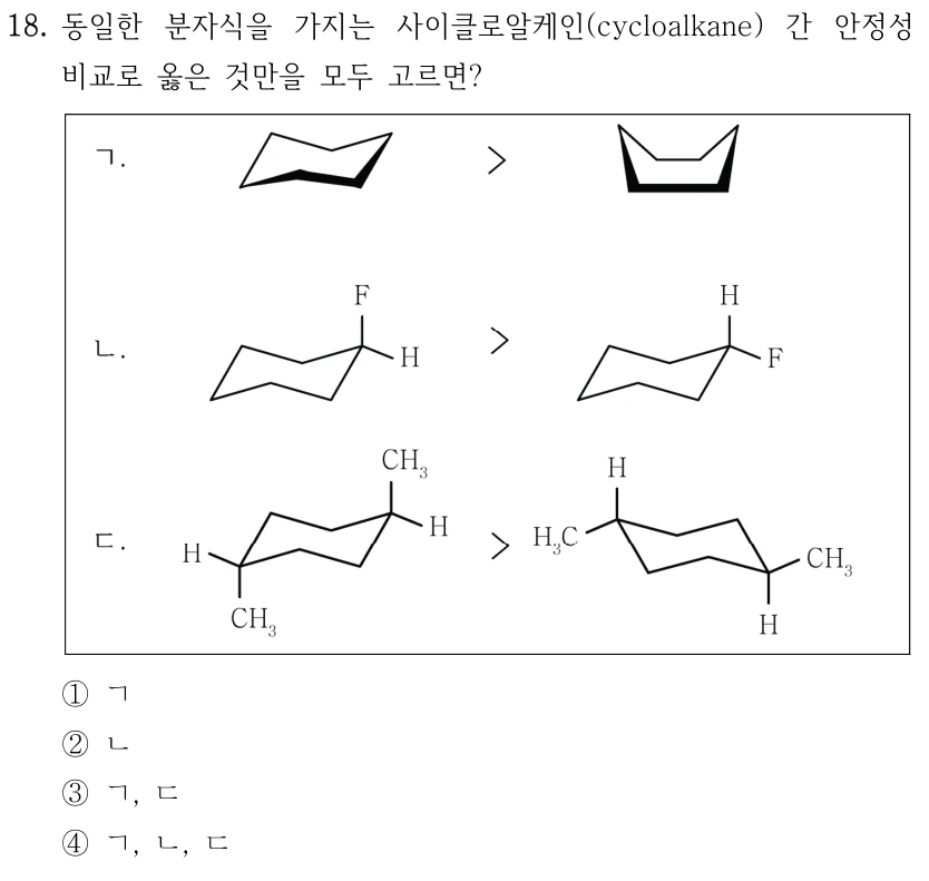 18. 동일한 분자식을 가지는 사이클로알케인(cycloalkane) 간 안정성 비교로 옳은 것만을 모두 고르면? 원문의 세 도식은 각각 왼쪽 구조의 안정성이 오른쪽보다 크다는 부등호(>)로 연결되어 있다. ㄱ: 사이클로헥세인의 의자형 > 보트형. ㄴ: 의자형 사이클로헥세인의 위쪽 축방향 F·비스듬한 적도방향 H > 같은 탄소에서 축방향 H·적도방향 F. ㄷ: 의자형 고리의 마주 보는 두 탄소에서 CH₃가 각각 아래·위 축방향이고 H가 적도방향인 구조 > 고리 뒤집힘 후 CH₃ 두 개가 적도방향이고 H 두 개가 위·아래 축방향인 구조. ①ㄱ ②ㄴ ③ㄱ·ㄷ ④ㄱ·ㄴ·ㄷ.
