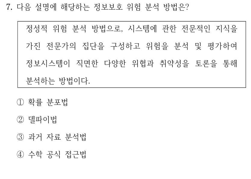 7. 다음 설명에 해당하는 정보보호 위험 분석 방법은? 정성적 위험 분석 방법으로, 시스템에 관한 전문적인 지식을 가진 전문가의 집단을 구성하고 위험을 분석 및 평가하여 정보시스템이 직면한 다양한 위협과 취약성을 토론을 통해 분석하는 방법이다. ①확률 분포법 ②델파이법 ③과거 자료 분석법 ④수학 공식 접근법