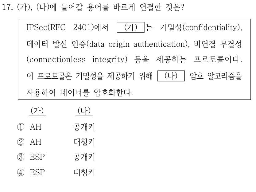 17. (가), (나)에 들어갈 용어를 바르게 연결한 것은? IPSec(RFC 2401)에서 (가) 는 기밀성(confidentiality), 데이터 발신 인증(data origin authentication), 비연결 무결성 (connectionless integrity) 등을 제공하는 프로토콜이다. 이 프로토콜은 기밀성을 제공하기 위해 (나) 암호 알고리즘을 사용하여 데이터를 암호화한다. (가) (나) ①AH 공개키 ②AH 대칭키 ③ESP 공개키 ④ESP 대칭키